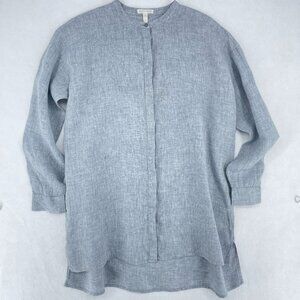 Eileen Fisher 100% Organic Linen Tunic Top S Band Collar High-Low Chambray Blue